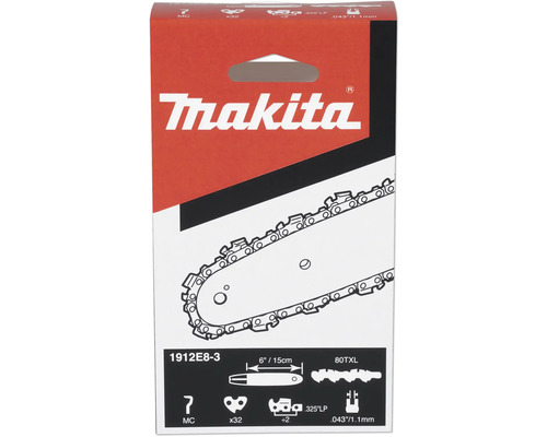 Makita Sägekette 15 Zentimeter, 32 Treibglieder, 1,1 Millimeter Nutbreite, 0,325 Zoll Teilung, 80TXL, Modell 1912E8-3. Makita Logo.