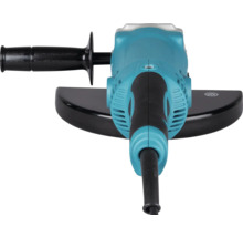 Winkelschleifer mit Seitengriff und Schutzhaube, blaues Gehäuse mit schwarzen Elementen.