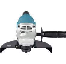 Winkelschleifer in Türkis und Silber mit schwarzem Seitengriff und Schutzhaube.