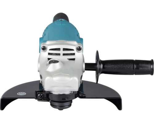 Winkelschleifer in Türkis und Silber mit schwarzem Seitengriff und Schutzhaube.