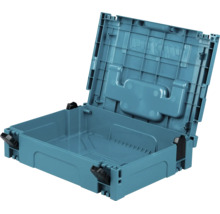 Offener blauer Makita Makpac Werkzeugkoffer aus Kunststoff mit schwarzen Verschlüssen.