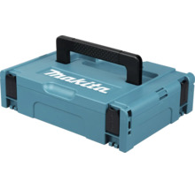 Makita MAKPAC Systemkoffer mit Makita Logo, schwarzem Griff und vier Verschlüssen zum Aufbewahren und Transportieren von Werkzeug.