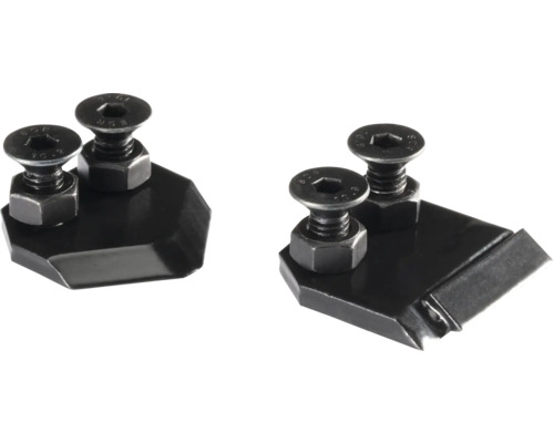Schwarzes Klemmplatten-Set für Hobelmesser aus Metall mit Innensechskantschrauben und Muttern.