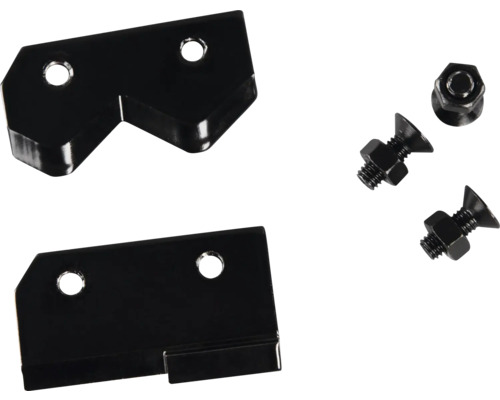 Schwarzes Ersatzteil-Set aus Metall bestehend aus zwei Halterungen sowie Schrauben und Muttern.