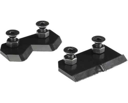 Zwei schwarze Ersatzmesser für Gartenhäcksler inklusive Befestigungsschrauben und Muttern.