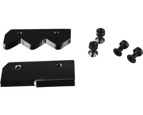 Ersatzmesser-Set aus schwarzem Metall mit zwei verschiedenen Messerklingen und vier Schrauben mit Muttern.