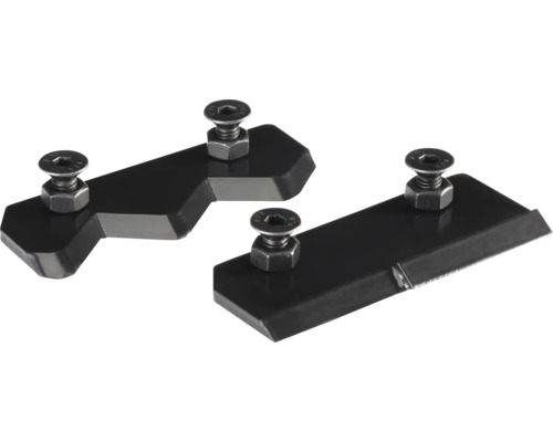 Zwei schwarze Ersatzklingen aus Metall mit Sechskantschrauben und Muttern.