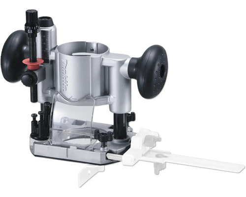 Makita Eintauchvorrichtung für Oberfräsen aus Metall und Kunststoff mit zwei schwarzen Griffen und Tiefeneinstellung.