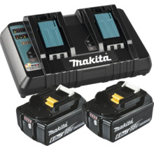 Makita Doppel-Ladegerät DC18RD mit zwei Lithium-Ionen Akkus 18 Volt 6,0 Amperestunden. Makita Logo.