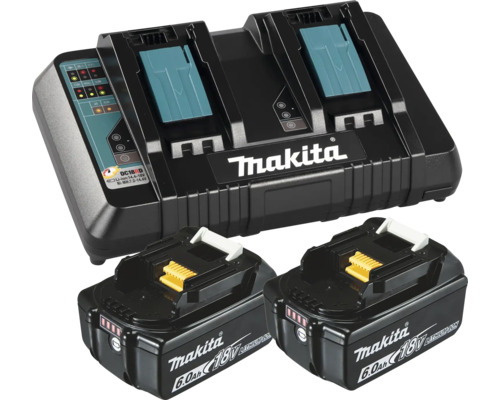Makita Doppel-Ladegerät DC18RD mit zwei Lithium-Ionen Akkus 18 Volt 6,0 Amperestunden. Makita Logo.