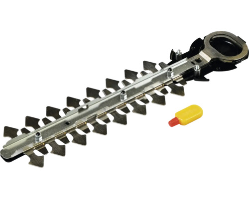 Heckenscheren-Aufsatz aus Metall mit doppelseitigen Schneidzähnen und kleinem Zubehörteil für die Gartenpflege.