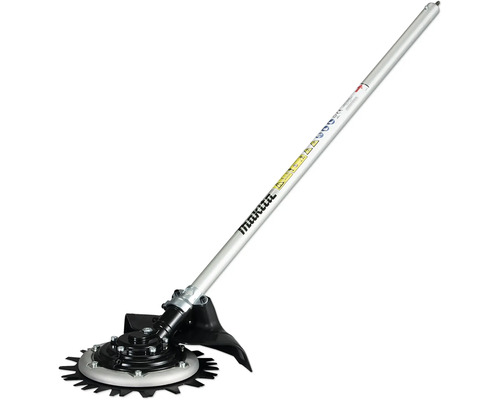 Makita Rotationsschere Aufsatz mit silbernem Schaft und schwarzem Schneidkopf für Motorsensen.