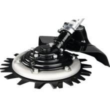 Kreiselschere Aufsatz für Freischneider mit gezackten Schneidscheiben aus Metall und schwarzem Schutzblech.