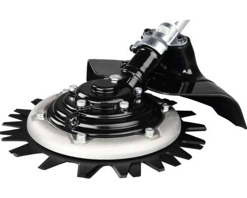 Kreiselschere Aufsatz für Freischneider mit gezackten Schneidscheiben aus Metall und schwarzem Schutzblech.