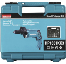 Makita Schlagbohrmaschine HP1631KX3 im Transportkoffer mit Zubehörset bestehend aus Bohrern und Bits.
