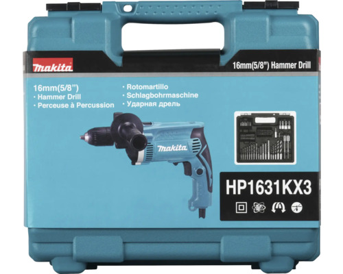 Makita Schlagbohrmaschine HP1631KX3 im Transportkoffer mit Zubehörset bestehend aus Bohrern und Bits.