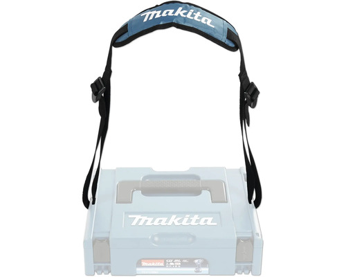 Gepolsterter und verstellbarer Makita Schultergurt für Makpac Systemkoffer, schwarz und blau mit Makita Logo.