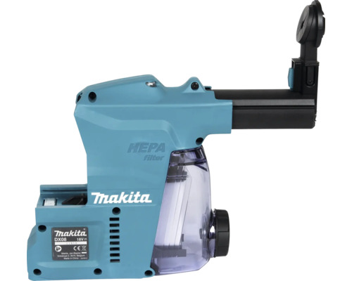 Makita Staubabsaugung DX08 mit HEPA-Filter für Akku-Kombihämmer, 18 Volt, Kunststoff, blau und schwarz, mit transparentem Staubbehälter.
