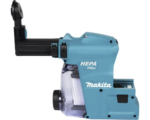 Makita Staubabsaugung mit HEPA-Filter für Bohrhämmer, mit transparentem Staubbehälter und verstellbarem Saugarm.