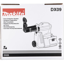 Produktverpackung für Makita Staubabsaugung DX09 mit Illustration des Geräts und Makita Logo.