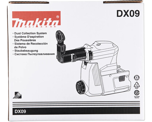 Produktverpackung für Makita Staubabsaugung DX09 mit Illustration des Geräts und Makita Logo.