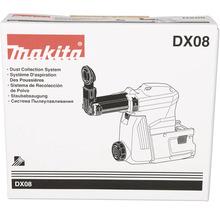 Verpackung einer Makita Staubabsaugung DX08 mit Produktzeichnung und Makita Logo.