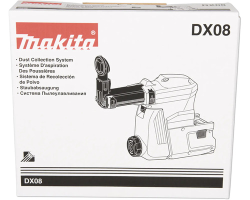 Verpackung einer Makita Staubabsaugung DX08 mit Produktzeichnung und Makita Logo.