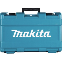 Blauer Makita Werkzeugkoffer aus Kunststoff mit schwarzem Tragegriff und Makita Logo.