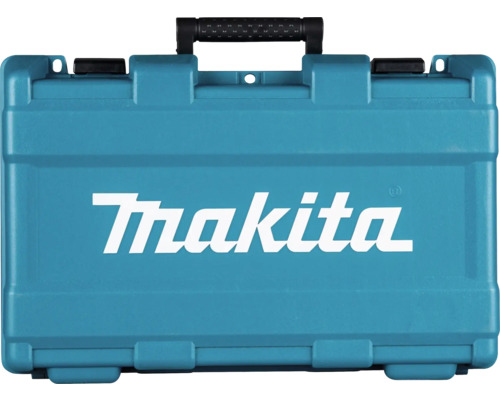 Blauer Makita Werkzeugkoffer aus Kunststoff mit schwarzem Tragegriff und Makita Logo.