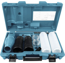 Blauer Transportkoffer mit einem Staubabsaug-Set, bestehend aus zwei weißen Schläuchen, schwarzen Adaptern und verschiedenen Kunststoffteilen.