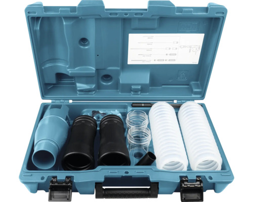 Blauer Transportkoffer mit einem Staubabsaug-Set, bestehend aus zwei weißen Schläuchen, schwarzen Adaptern und verschiedenen Kunststoffteilen.