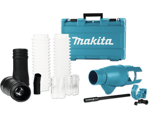 Makita Staubabsaugset inklusive Transportkoffer mit Makita Logo, verschiedenen Kunststoffadaptern, transparenten Schläuchen und Befestigungszubehör.