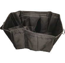 Schwarze Werkzeugtasche aus Stoff mit mehreren Innenfächern zur Organisation.