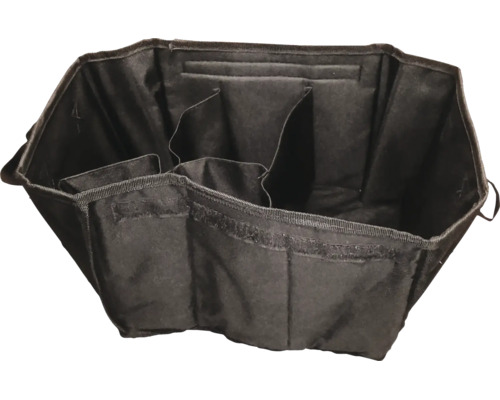 Schwarze Werkzeugtasche aus Stoff mit mehreren Innenfächern zur Organisation.