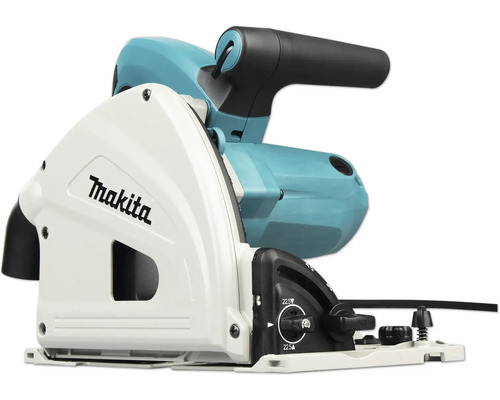 Makita Tauchkreissäge mit weißem Schutzgehäuse und blauem Motorblock.