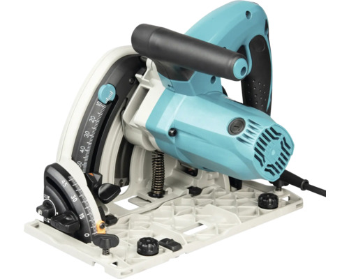 Elektrische Tauchsäge in Blau und Schwarz mit Skala für Schnittwinkel und Schnitttiefe.