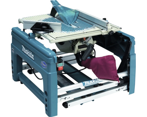 Makita Tisch- und Kappsäge Flipper LF1000 mit Sägetisch, Sägeblattschutz, Parallelanschlag und Staubfangbeutel.