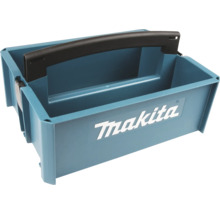 Makita Logo auf einem offenen Werkzeugorganizer aus Kunststoff mit Tragegriff und Fächern.