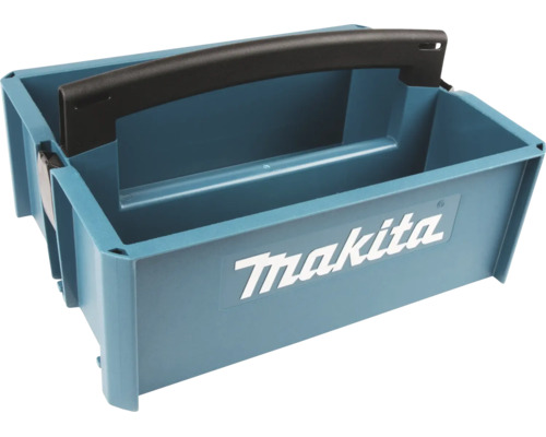Makita Logo auf einem offenen Werkzeugorganizer aus Kunststoff mit Tragegriff und Fächern.