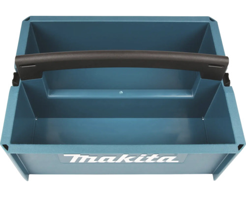 Offene Werkzeugbox aus Kunststoff mit Tragegriff und Makita Logo, kompatibel mit dem Makpac-System.