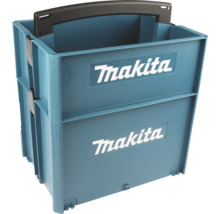 Stapelbare Makita MAKPAC Werkzeugbox mit Tragegriff und Makita Logo.
