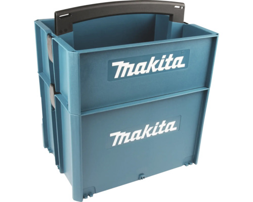 Stapelbare Makita MAKPAC Werkzeugbox mit Tragegriff und Makita Logo.
