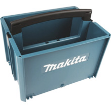 Blaue, offene Makita Makpac Werkzeugbox aus Kunststoff mit schwarzem Tragegriff.