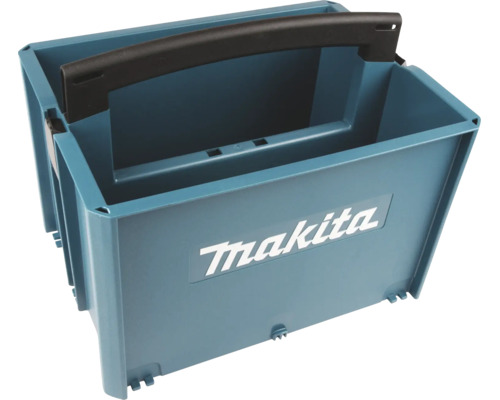 Blaue, offene Makita Makpac Werkzeugbox aus Kunststoff mit schwarzem Tragegriff.