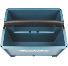 Offene Werkzeugbox aus Kunststoff mit großem Tragegriff und Makita Logo. Stapelbares Makpac-System zur Werkzeugaufbewahrung.