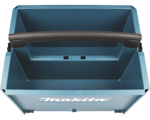 Offene Werkzeugbox aus Kunststoff mit großem Tragegriff und Makita Logo. Stapelbares Makpac-System zur Werkzeugaufbewahrung.