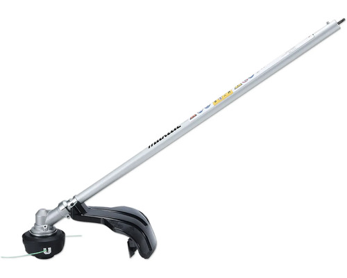 Makita Sensenaufsatz mit silbernem Metallschaft, schwarzem Fadenkopf und Schutzhaube für Multifunktionsantriebe.