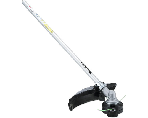 Makita Sensenaufsatz EM408MP für Multifunktionsantriebe mit silbernem Schaft, Makita Logo, schwarzem Schutzschild und Trimmerkopf.