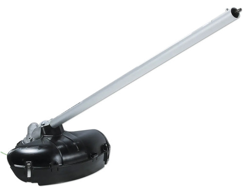 Rasentrimmer-Aufsatz mit silbernem Metallschaft und schwarzem Schutzgehäuse für Garten-Multitool-Systeme.