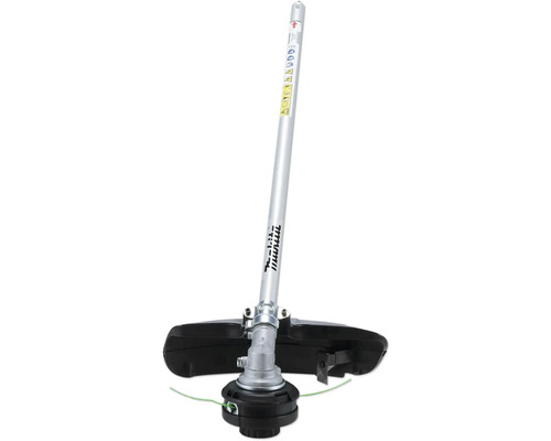 Makita Sensenaufsatz für Multifunktionsantrieb mit Aluminiumschaft, Fadenspule und schwarzer Schutzhaube.